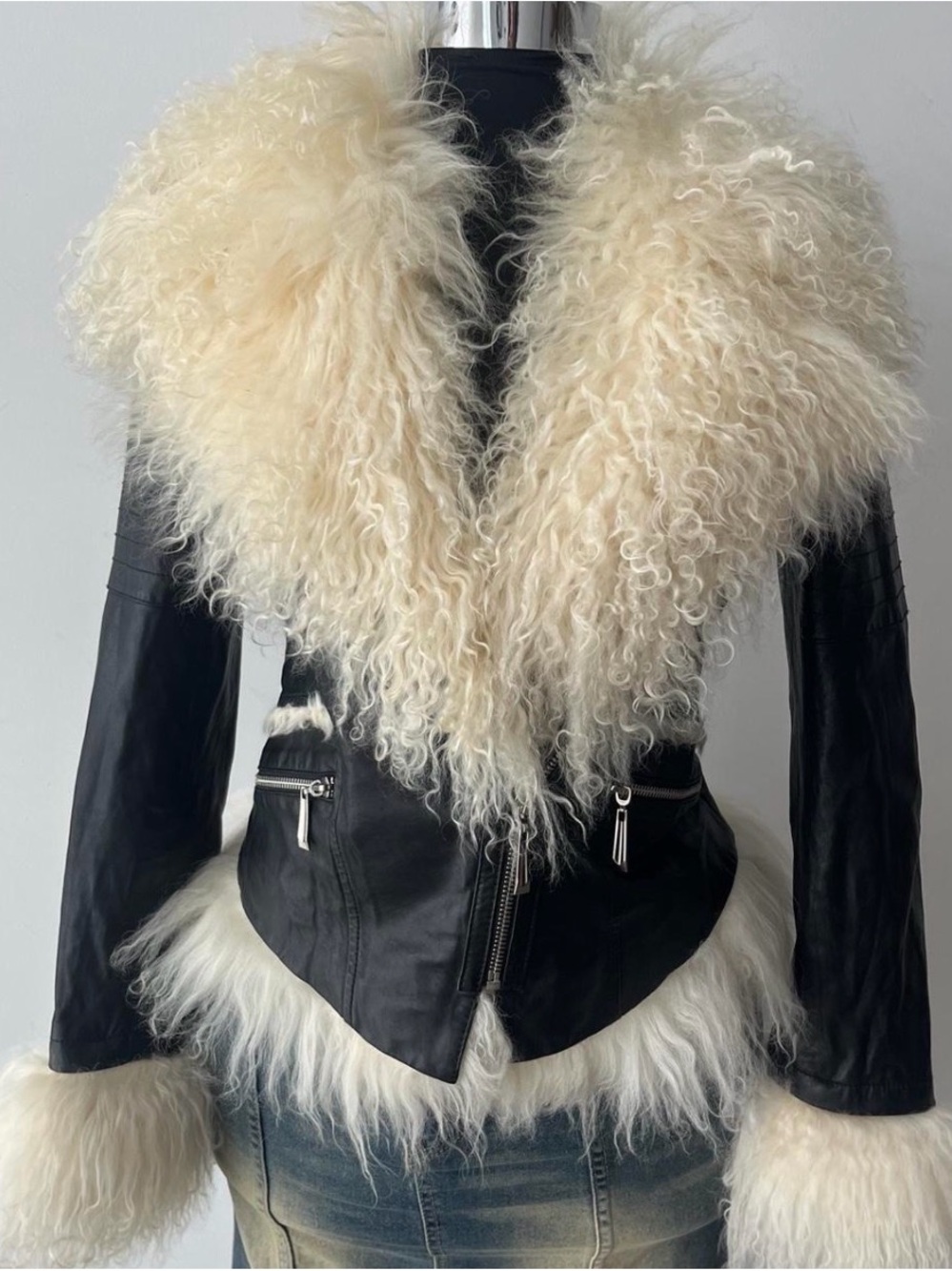 Black Leather Jacket with Cream Mongolian Fur Trim